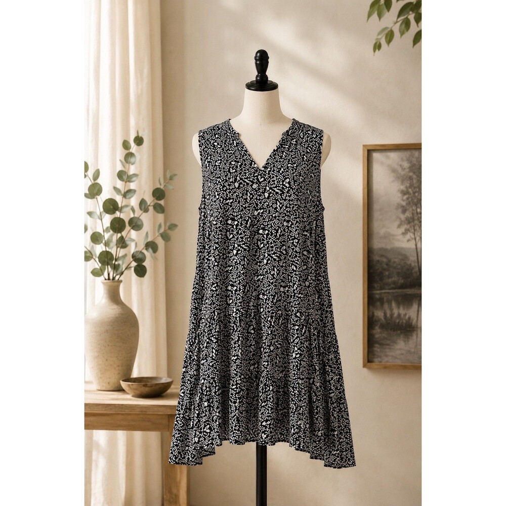 Nine West XL Black White Floral Fit & Flare Midi Dress Sleeveless V-Neck Boho - Picture 2 of 11
